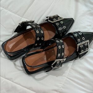 Patent Pointed-Toe Buckle Flats - Black